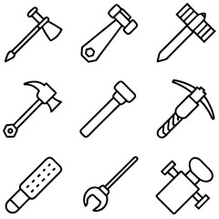 Collection of various hand tools icon set line art