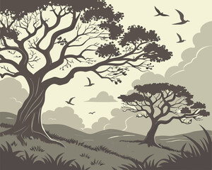 Fototapeta premium Serene Landscape Illustration Featuring Two Majestic Trees and Birds in Flight