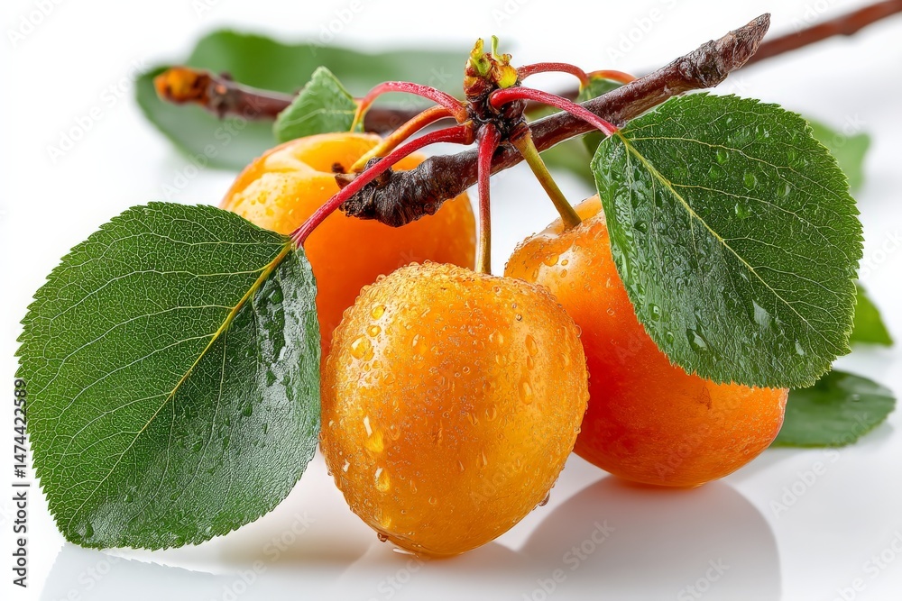 Poster fresh apricots with water droplets on branch and green leaves in a bright setting