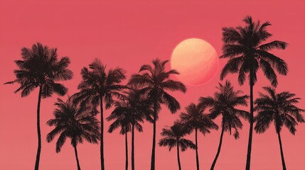 Palm trees stand tall as the sun sets in a stunning pink sky. This serene moment captures the beauty of a tropical evening, inviting relaxation and contemplation