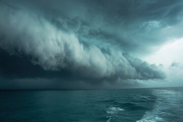 Obraz premium Dramatic seascape featuring a large storm cloud formation over the ocean from a low angle perspective