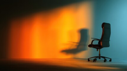 A black office chair stands alone in a workspace, illuminated by vibrant lighting that creates a striking shadow against the surface. The contrasting colors enhance the dramatic effect