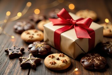 Assortment of chocolate Christmas cookies surrounding a wrapped gift on a warm wooden surface , delicious, festive season