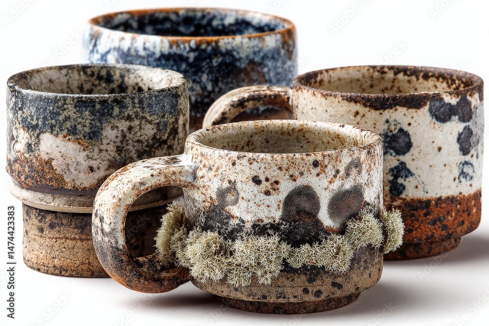 Aufkleber artisan ceramic mugs with unique glaze patterns displayed on a neutral surface, showcasing craftsman