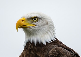 Close up of a bald eagle head against a white sky