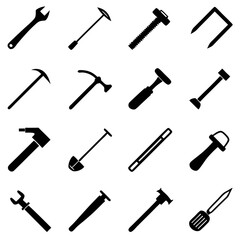 Collection of sixteen black construction and work tools