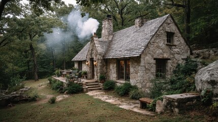 Nestled in a tranquil forest, a quaint mountain cottage features rustic stone walls and a cozy chimney exhaling gentle smoke, inviting warmth and comfort