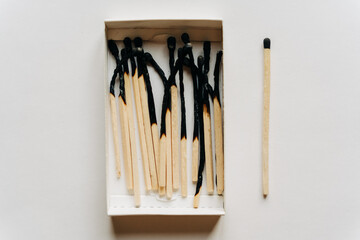 Conceptual image series using matches — new, burned, and burning — to represent stages of burnout, emotional fatigue, and mental exhaustion