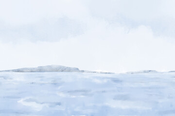 Seascape with blue sky and clouds. Watercolor illustration. Seamless pattern. The sea going over the horizon, waves and sea foam. Blue-gray silhouettes of mountains