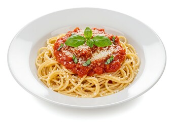 A plate of spaghetti topped with tomato sauce and basil