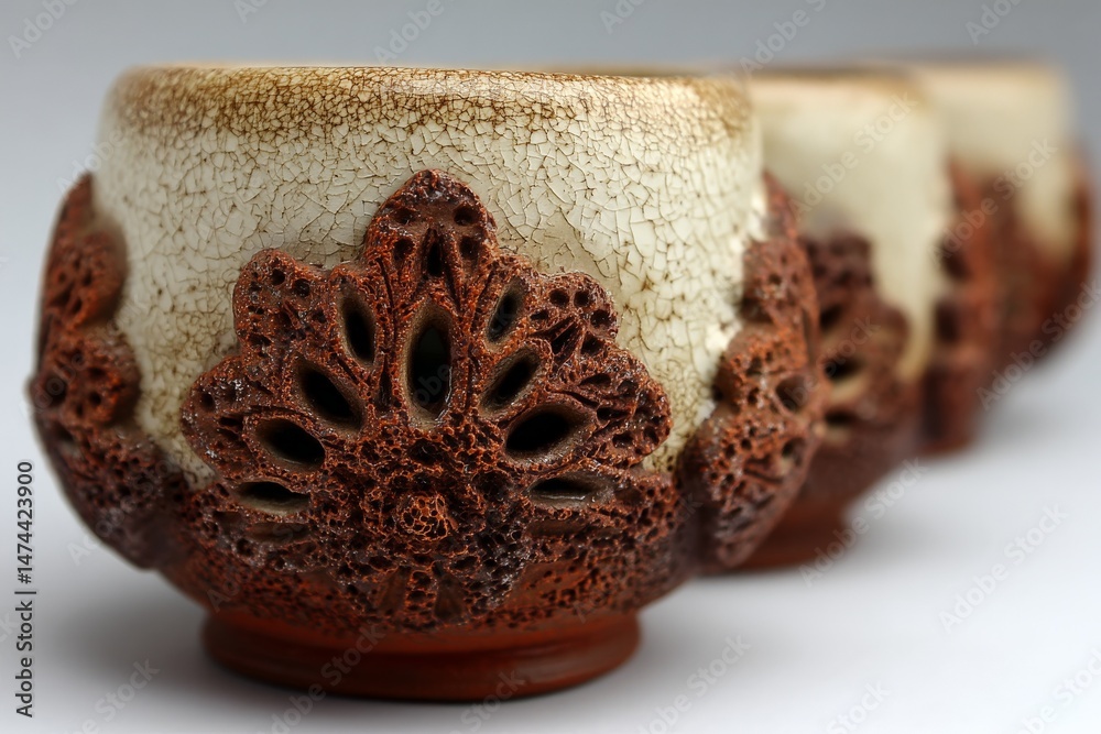 Poster unique handcrafted ceramic cups with intricate floral designs placed in a row on a neutral backgroun