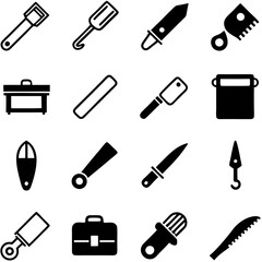 Black and white outline icons of various tools and objects