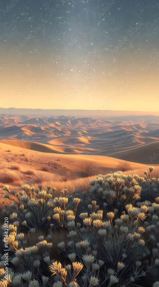 Poster 星空の下の砂漠の風景 オレンジとゴールドの夕焼けの光が降り注ぐ植物と山並みが広がるアウトドアアドベンチャーの背景