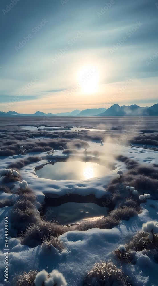 Aufkleber 冬の日の雪原に開いた氷の池の風景、太陽光が水面に反射し、雪と氷の結晶が輝く自然の美しさ
