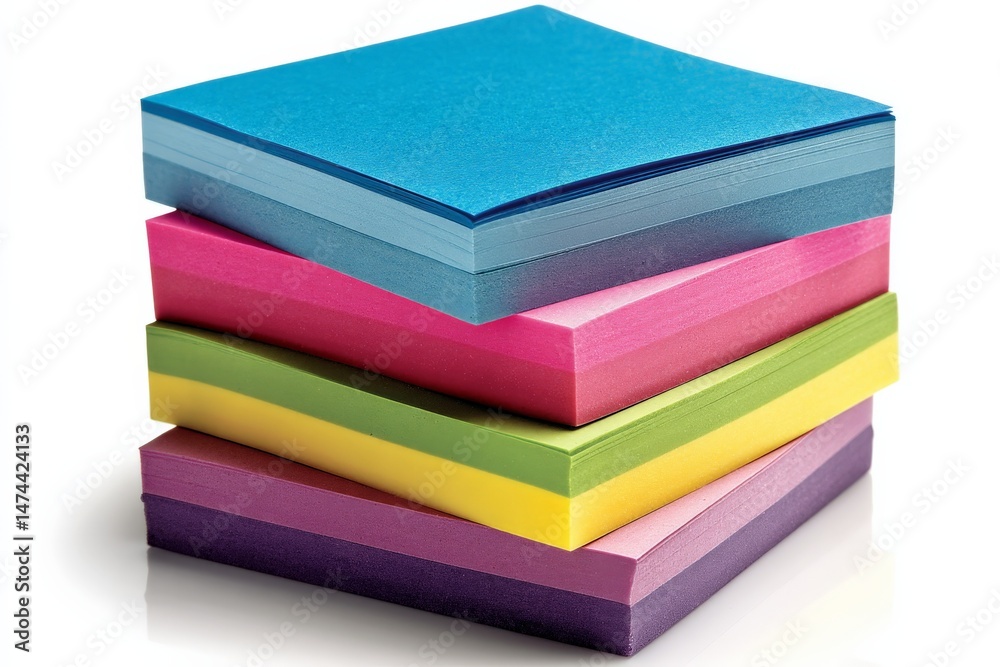Poster Colorful stack of note papers arranged neatly on a white background for creativity and organization