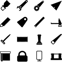 Black and white silhouettes of assorted tools and supplies