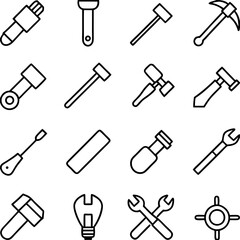 Outline icons of various hand tools for repair and construction