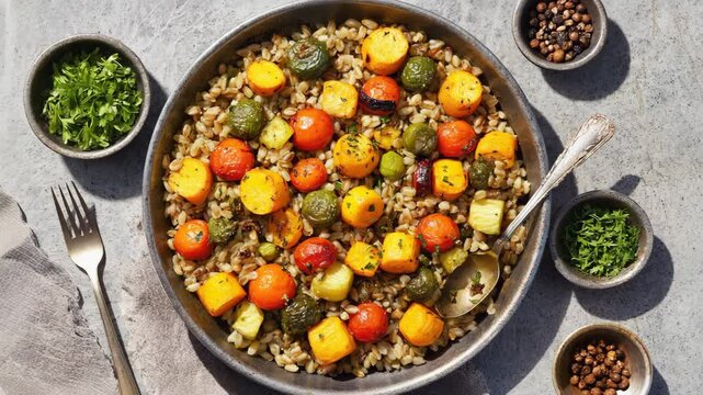 Roasted Vegetable Farro Bowl with Colorful Cherry Tomatoes, Summer Squash and Fresh Herbs
