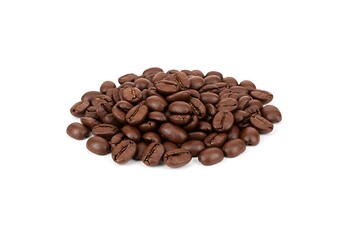 Pile of dark roasted coffee beans on white background