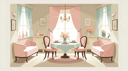 Elegant and inviting interior design of a dining room with soft pink hues and floral accents