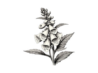 Foxglove flower engraving, vintage botanical artwork, black sketch in old engraving style, retro floral design, antique floral illustration, trendy nature art for home decor © Icons bundle Studio