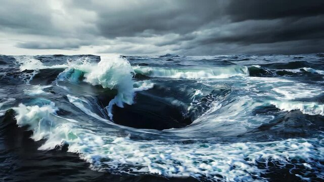 A swirling whirlpool emerges in rough ocean waters as dark clouds gather overhead, creating a dramatic natural phenomenon