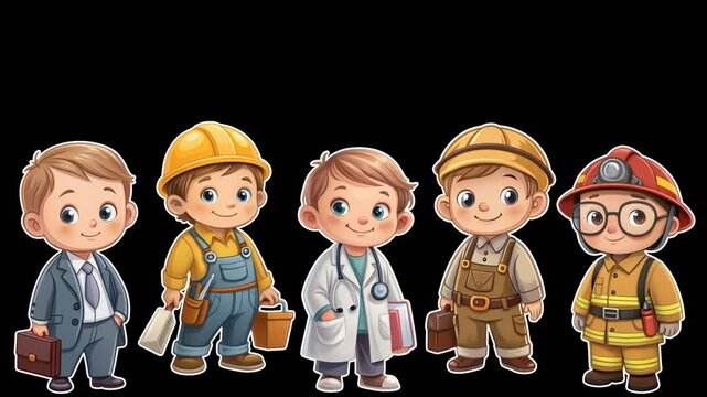 Many children stand cheerfully in the image of different professions: doctor, fireman, builder. Career guidance concept. Empty space for text. Smooth animation on transparent background