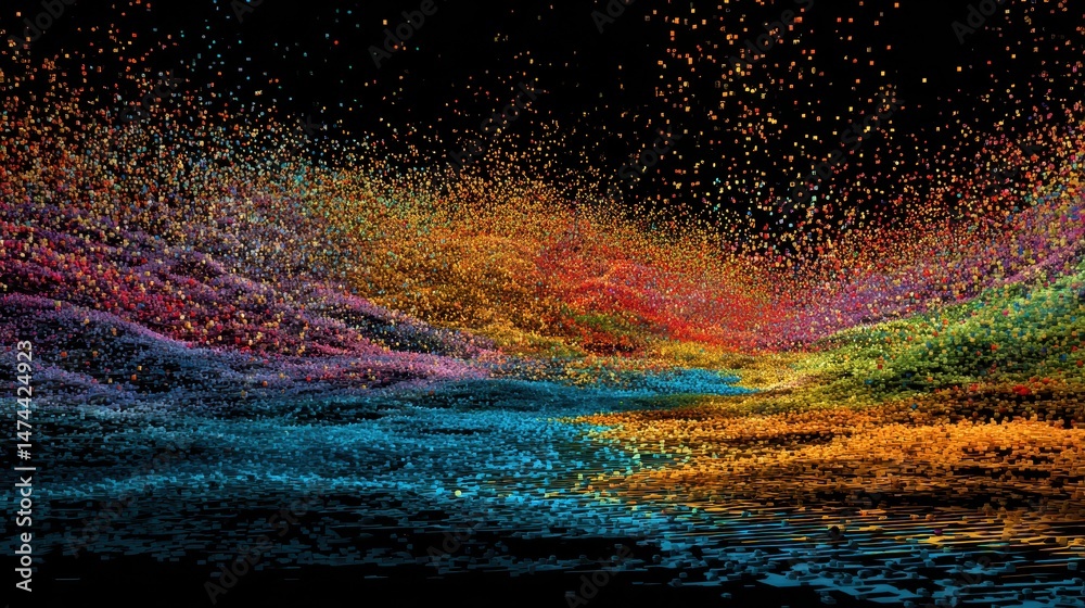 Fototapete Dynamic data points blend in colors, forming abstract patterns that flow like waves across a dark background. This visual representation evokes a sense of movement and energy