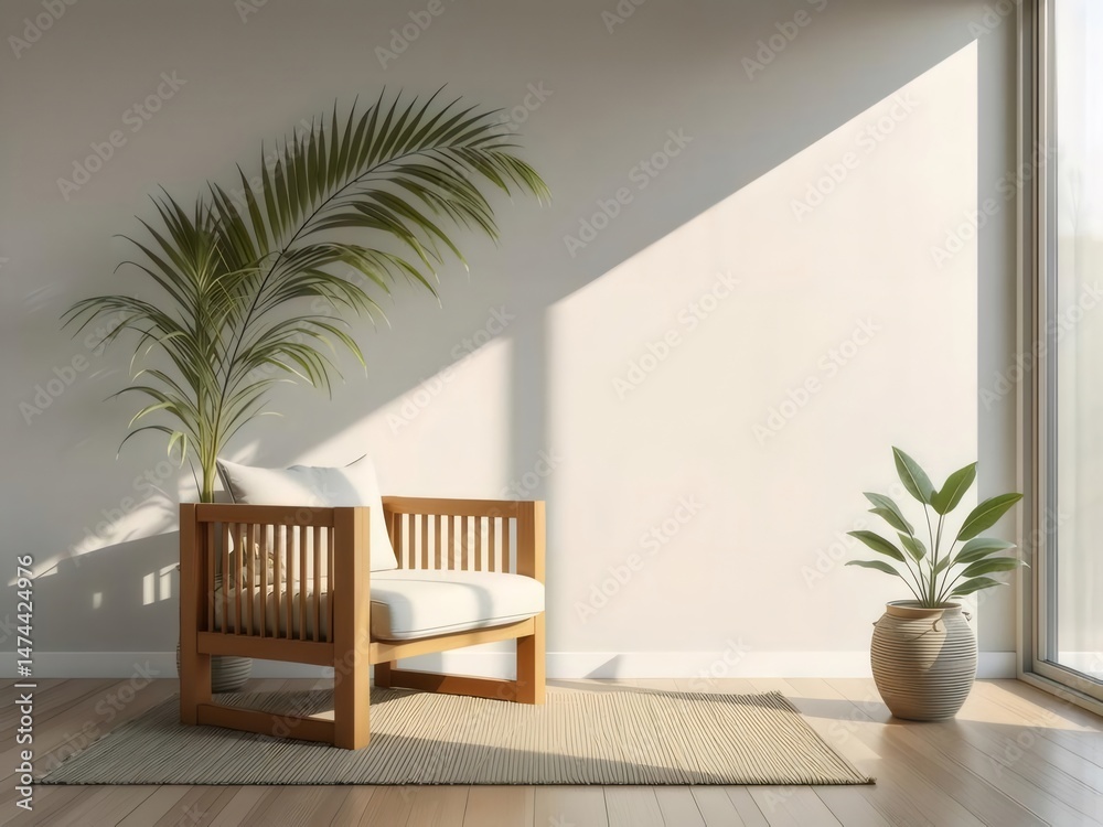 Poster 室内装飾 木の椅子と緑の植物のある明るく風通しの良い部屋 ナチュラルカラーとミニマルな家具が特徴の穏やかな雰囲気