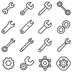 Set of line art icons depicting various mechanical tools