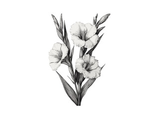 Obraz premium Gladiolus flower sketch, antique floral engraving, hand-drawn botanical print, vintage illustration, nature black sketch, trendy floral artwork, vintage nature-inspired drawing, flora artwork.