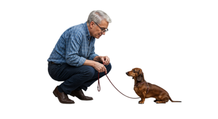 Elderly Man Training Puppy with Leash

