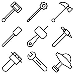 Line art illustration of tools and construction equipment set