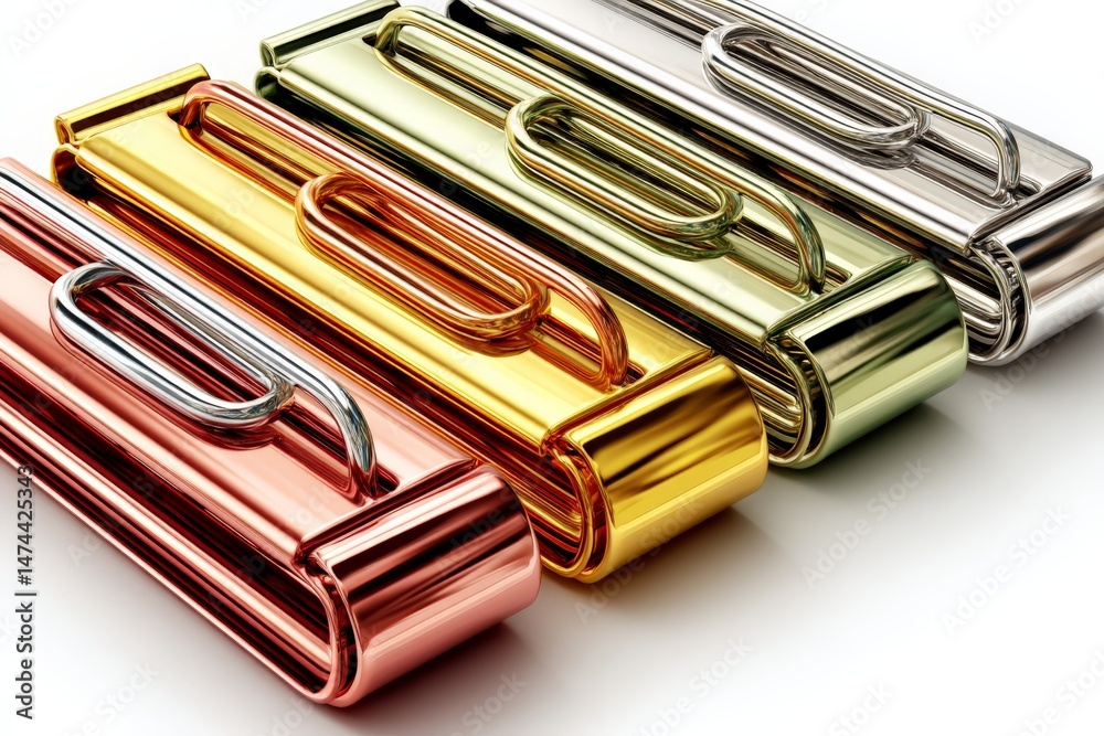 Poster stylish and modern paper clips arranged in a row showcasing various metallic finishes and colors