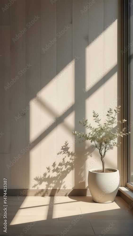 Poster 暖かい光が差し込む白い部屋に置かれた鉢植えの植物 静寂な空間 デザインと自然が調和 ミニマルで現代的なインテリア