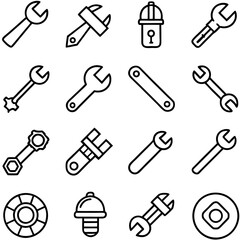 Assortment of outline style repair and construction tool icons