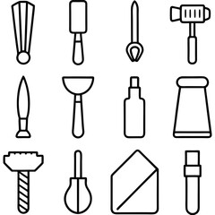 Fototapeta premium Black outlined leather crafting tools on white background set