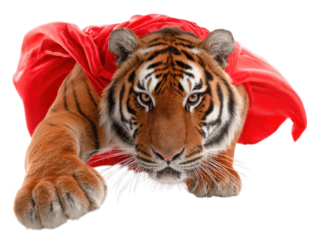 Tiger wearing superhero mask and flowing red cape, striking heroic pose as if ready to save day. This majestic animal embodies strength and bravery, captivating viewers with its fierce expression