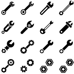 Collection of wrench and gear icons in black and white