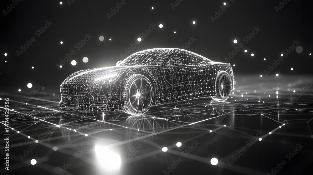Poster Futuristic car concept showcased in a wireframe model with glowing accents. Digital platform and orbs enhance the technological theme. Abstract wireframe in dark blue