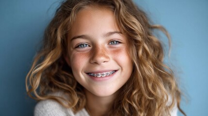 A girl with curly hair and braces smiles widely, showcasing her happiness. The background is blue, creating a vibrant contrast that highlights her joyful expression