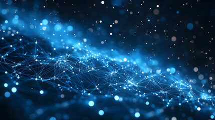 Obraz premium Futuristic network visualization featuring interconnected nodes and lines against a dark blue backdrop, enhanced by blurred circles creating depth and movement. Abstract wireframe in dark blue.