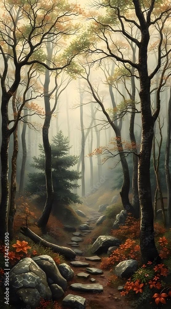 Poster 秋の森の風景 霧深い森の小道 石の階段 オレンジと緑の葉 美しい自然の道と穏やかな背景
