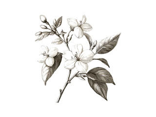 Botanical jasmine flower sketch, vintage engraving art, hand-drawn floral illustration, trendy nature wall decor, retro black sketch, flora artwork, plant drawing print,