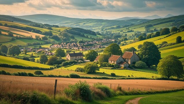 Tuscan landscape of rolling green hills, farms, and valleys under a summer sky
