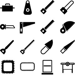 Collection of sixteen silhouette tool illustrations on a white background