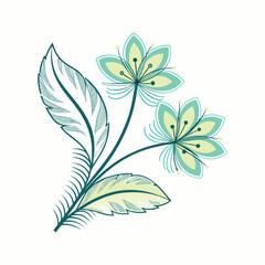 Stylized Floral Branch with Turquoise and Green Accents
