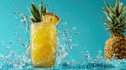 A vibrant tropical smoothie splashes with motion against a turquoise background, featuring juicy pineapple pieces and a refreshing look, perfect for a warm day by the beach
