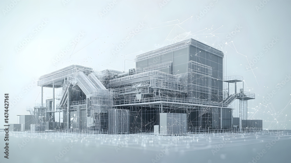 Poster conceptual blueprint visualization of a futuristic industrial complex, showcasing advanced engineeri