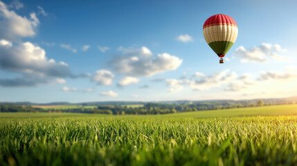 Naklejka premium Vibrant hot air balloon floats gracefully over lush green landscape, creating serene and picturesque scene